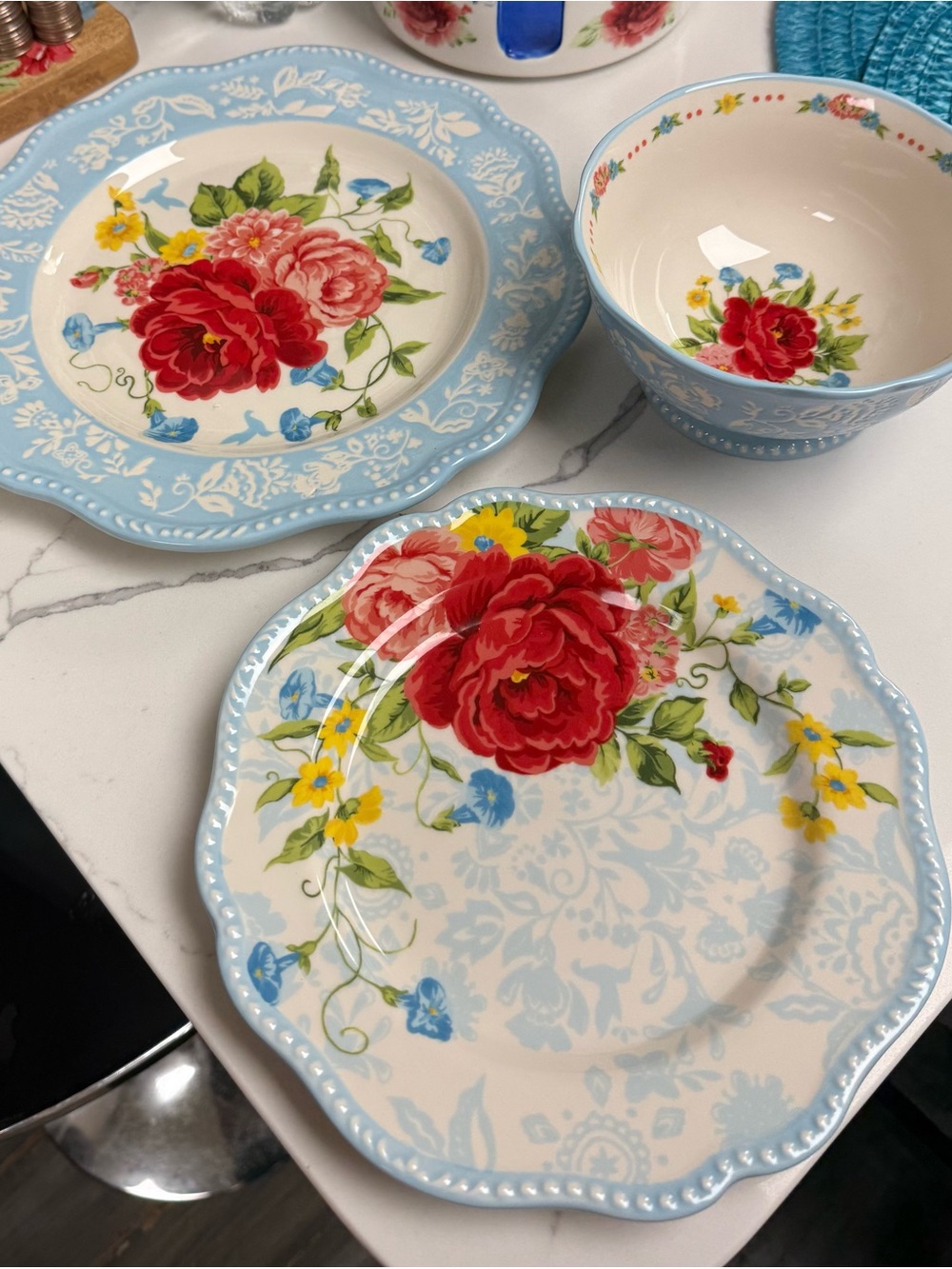 Pioneer Woman Sweet Rose Blue Dinner Salad Plate and Bowl Set with Red Roses